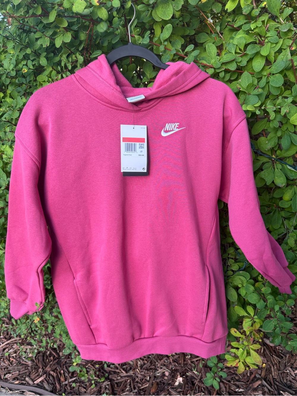 NEW Nike Fuchsia Pullover Hoodie with White Logo & side slit connecting pockets